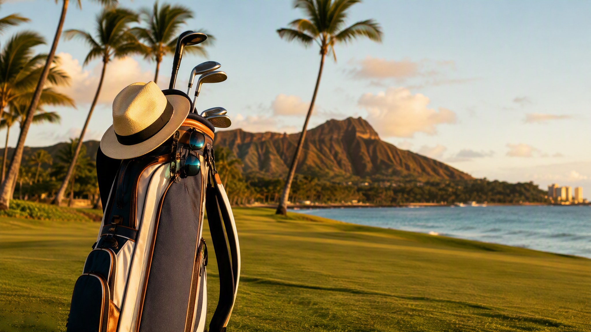 Golf travel bag on a Hawaii fairway with palms and ocean at golden hour